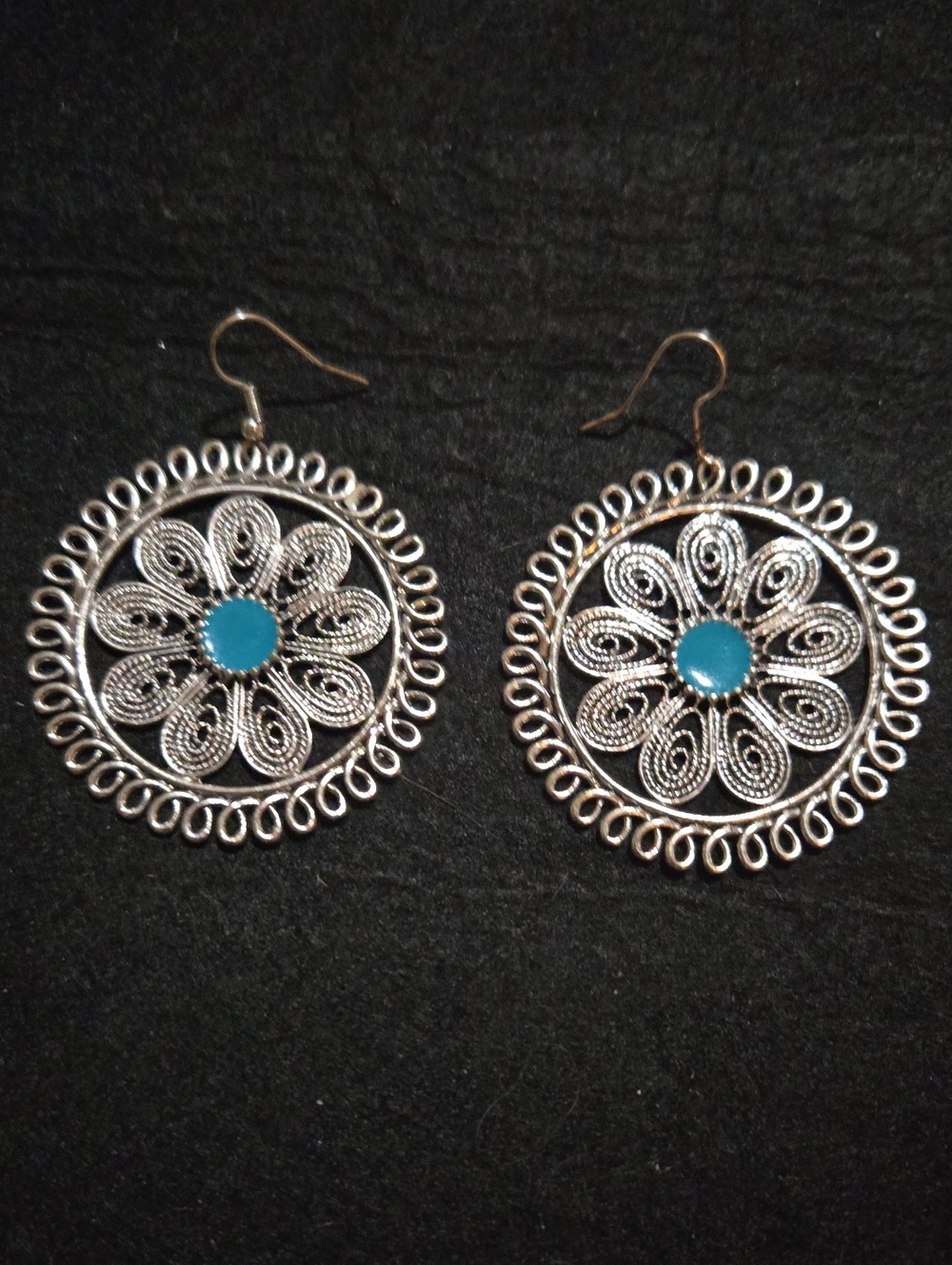 Silver Filigree Hoop Earrings with Turquoise Center